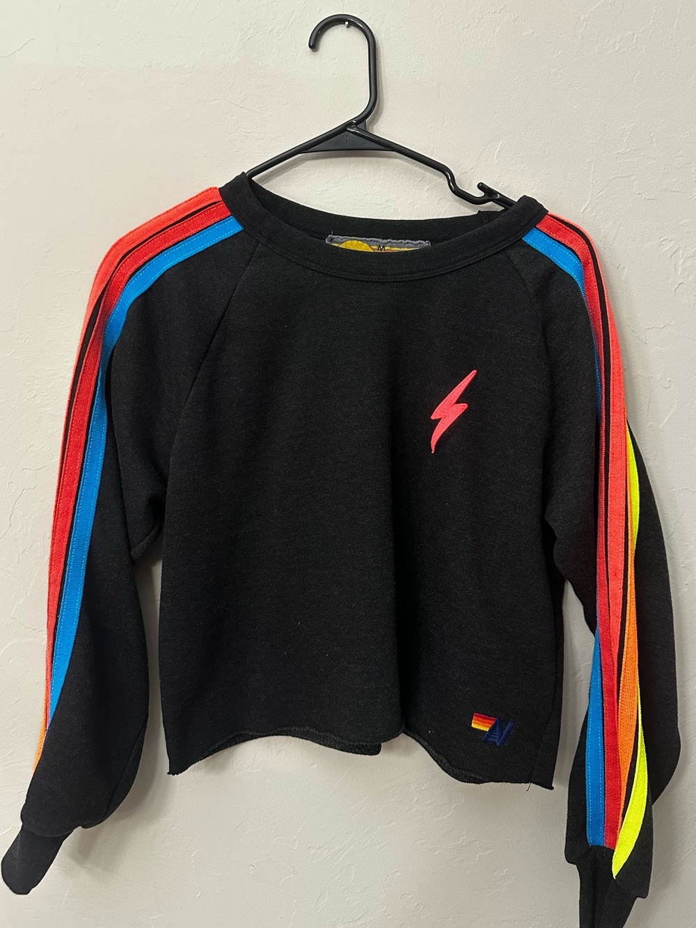Aviator Nation Black Cropped Sweatshirt with Rainbow Stripes